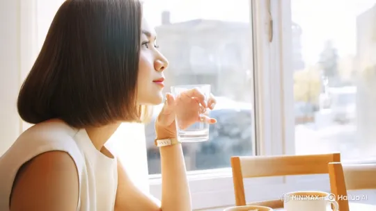 Asian Woman Reflects in Pastel Café with BodyKey Shake – AI Generated Video | Hailuo AI