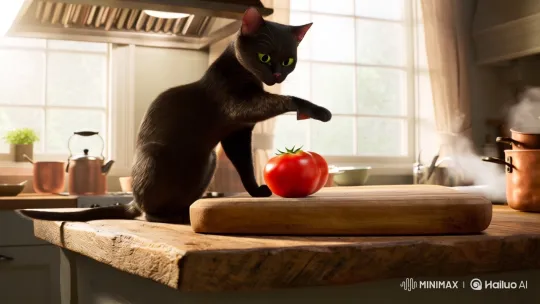 Sleek Cat Prepares Tomato in Rustic Kitchen – AI Generated Video | Hailuo AI