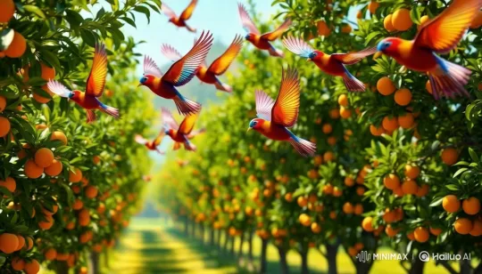 Colorful Birds in Lush Orange Orchard – AI Generated Video | Hailuo AI