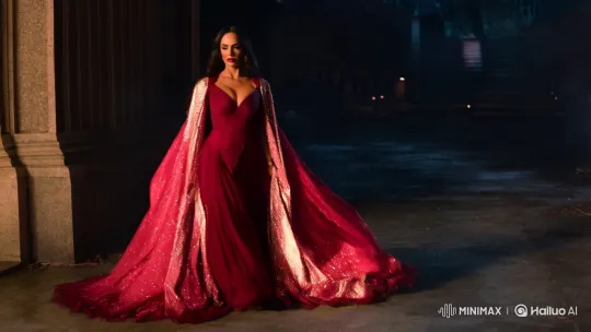 Megan Fox Seduces with Glamorous Cape in Moody Scene – AI Generated Video | Hailuo AI