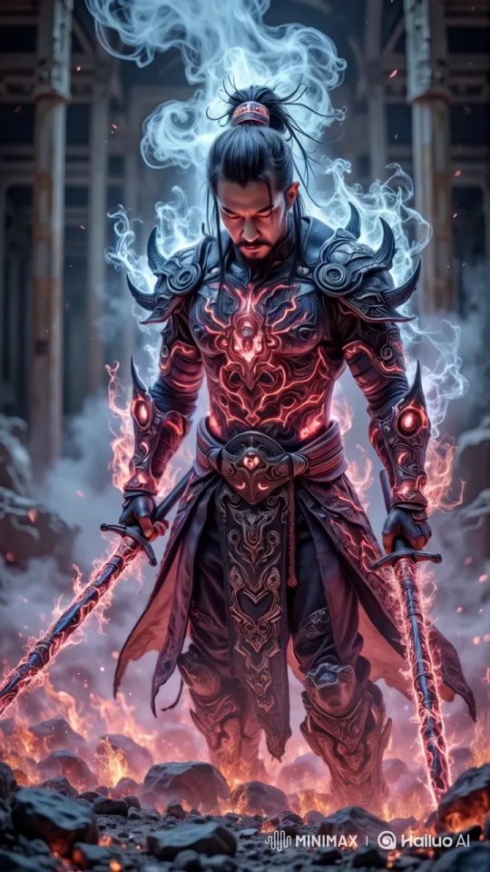 Heroic Warrior Unveiled in Fiery Epic Cinematography – AI Generated Video | Hailuo AI