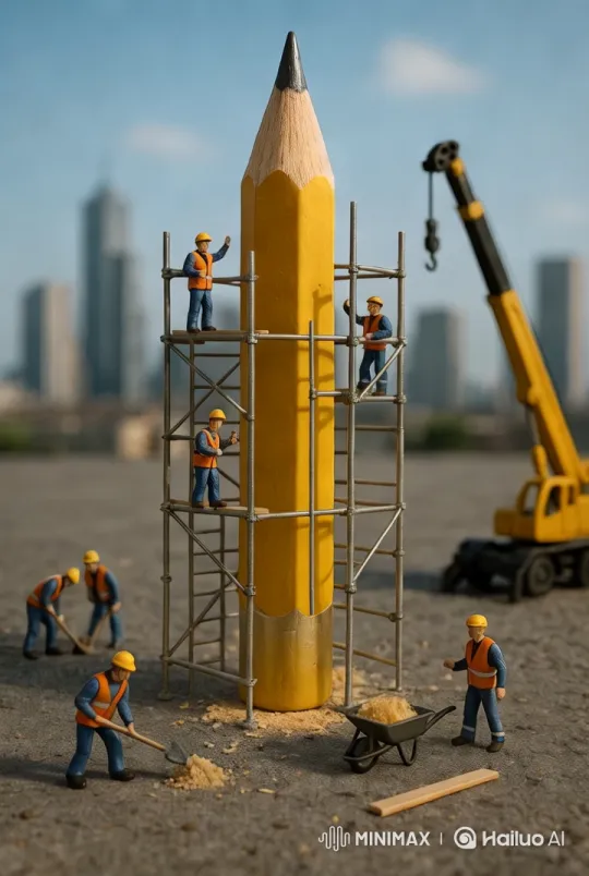 Tiny Workers Construct Giant Pencil Skyscraper – AI Generated Video | Hailuo AI