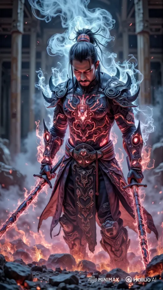 Dark Warrior Emerges from Fiery Battle in Epic Heroic Reveal – AI Generated Video | Hailuo AI