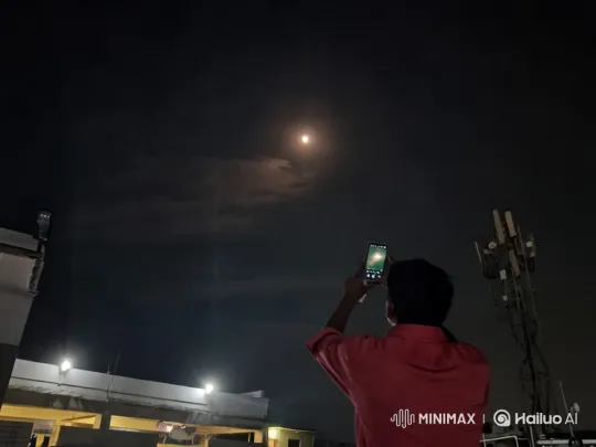 Man Captures Moon on Rooftop at Night – AI Generated Video | Hailuo AI
