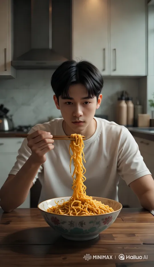 Young Man Confronts Animated Noodles in Modern Kitchen – AI Generated Video | Hailuo AI