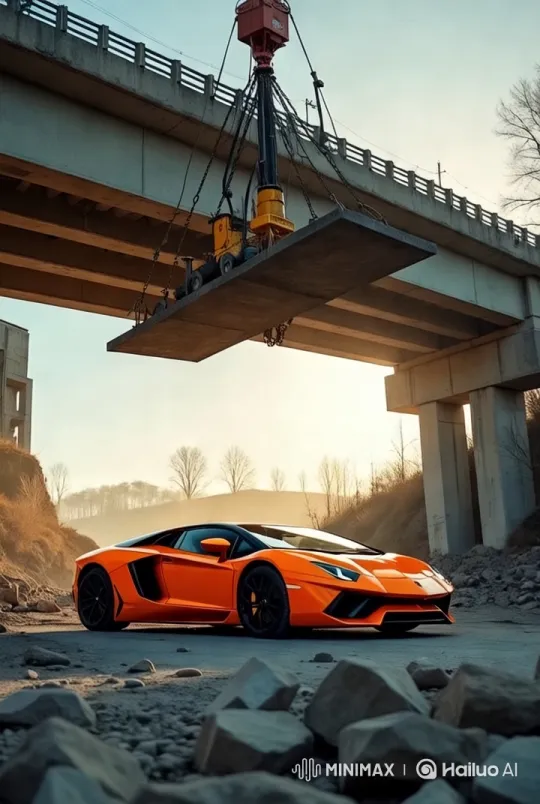Lamborghini Showcases Elegance Amidst Ruined Overpass – AI Generated Video | Hailuo AI