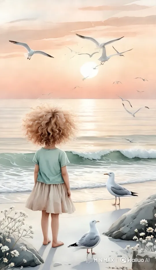 Tranquil Sunset: Girl on Shore, Seagulls, and Ocean Waves – AI Generated Video | Hailuo AI