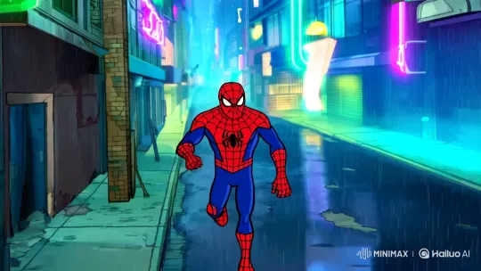 Spiderman's Dynamic Alley Chase in Surreal Cityscape – AI Generated Video | Hailuo AI