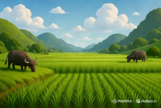 Peaceful Rice Field and Grazing Buffaloes – AI Generated Video | Hailuo AI