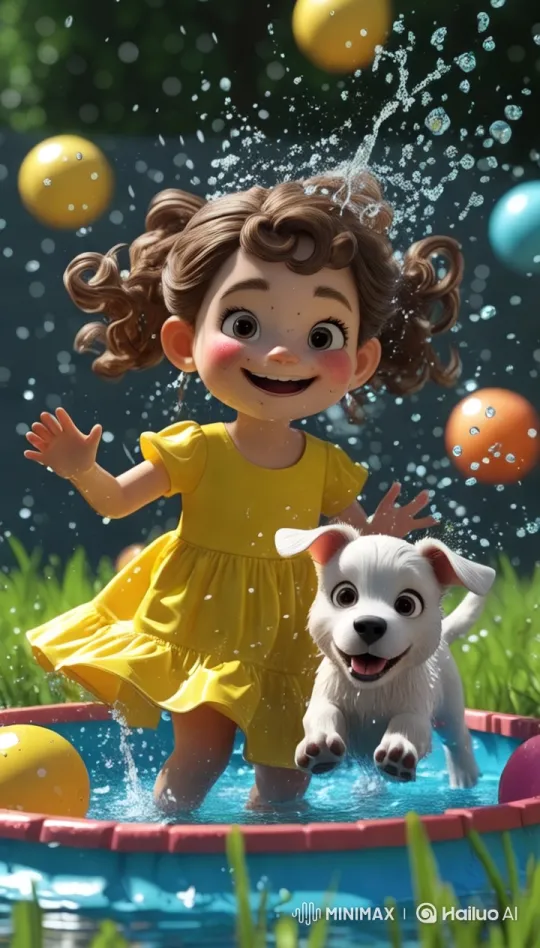Girl and Puppy Enjoy Splash Time in Kiddie Pool – AI Generated Video | Hailuo AI