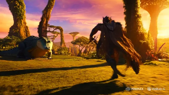 Mysterious Figure Meets Majestic Creature in Lush Landscape – AI Generated Video | Hailuo AI