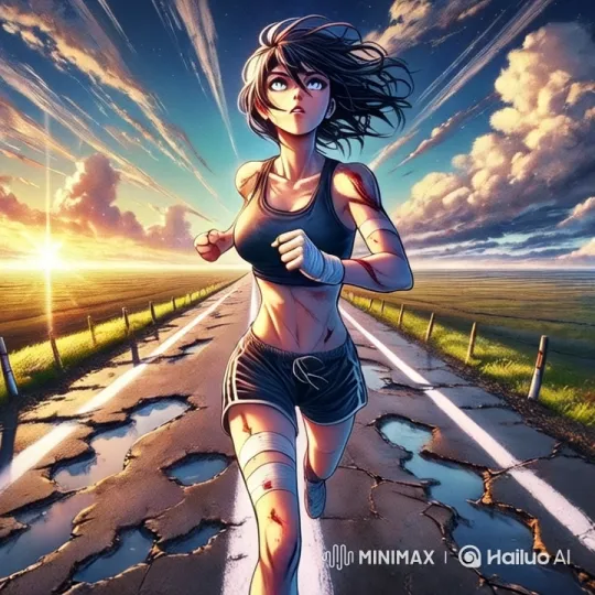 Determined Woman Running on a Cracked Road – AI Generated Video | Hailuo AI