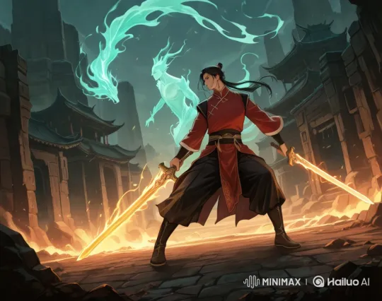 Young Warrior in Twilight Ancient City with Dual Swords – AI Generated Video | Hailuo AI
