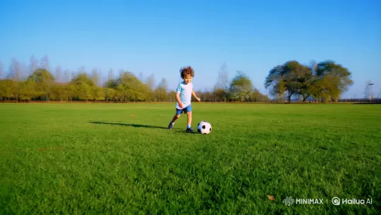 Boy Joyfully Plays Football on Sunlit Field – AI Generated Video | Hailuo AI