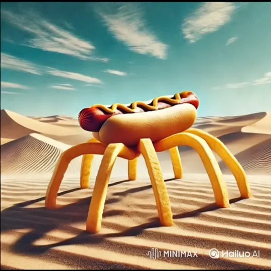 Surreal Hotdog Creature Crosses Aesthetic Desert – AI Generated Video | Hailuo AI