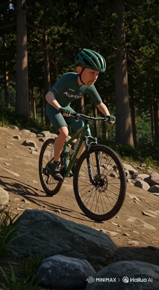 Green Cyclist Navigates Rugged Forest Path – AI Generated Video | Hailuo AI