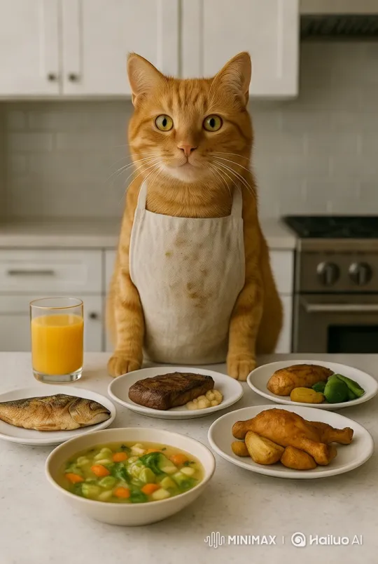 Ginger Cat Prepares Gourmet Dishes in Modern Kitchen – AI Generated Video | Hailuo AI