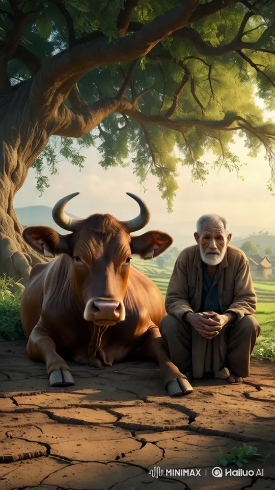 Old Man and Sick Cow Under a Shady Tree – AI Generated Video | Hailuo AI