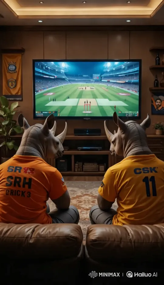 Rhino-Masked Fans Watch Cricket in Cozy Living Room – AI Generated Video | Hailuo AI