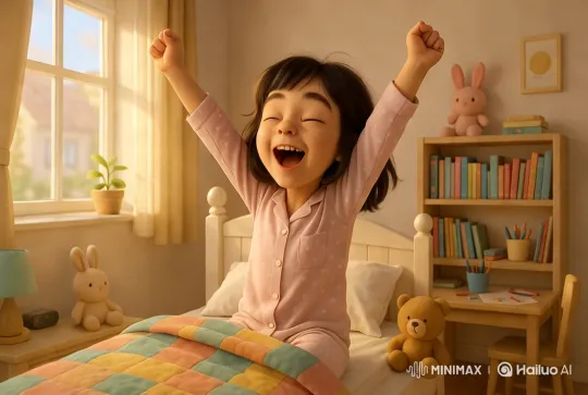 Kayla's Joyful Awakening in a Colorful Room – AI Generated Video | Hailuo AI