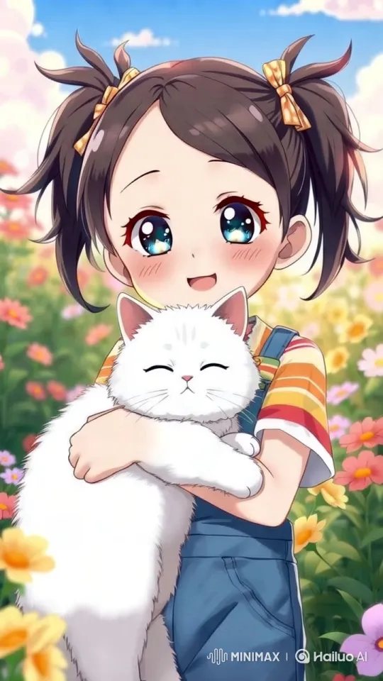 Joyful Girl and Cat Run Through Flowered Field – AI Generated Video | Hailuo AI