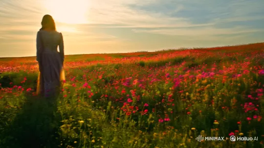 Sunlit Meadow: A Figure's Journey in Golden Light – AI Generated Video | Hailuo AI