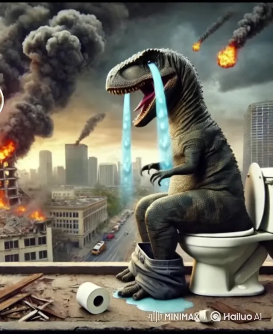 Dinosaur in Distress Amidst Apocalyptic Cityscape – AI Generated Video | Hailuo AI