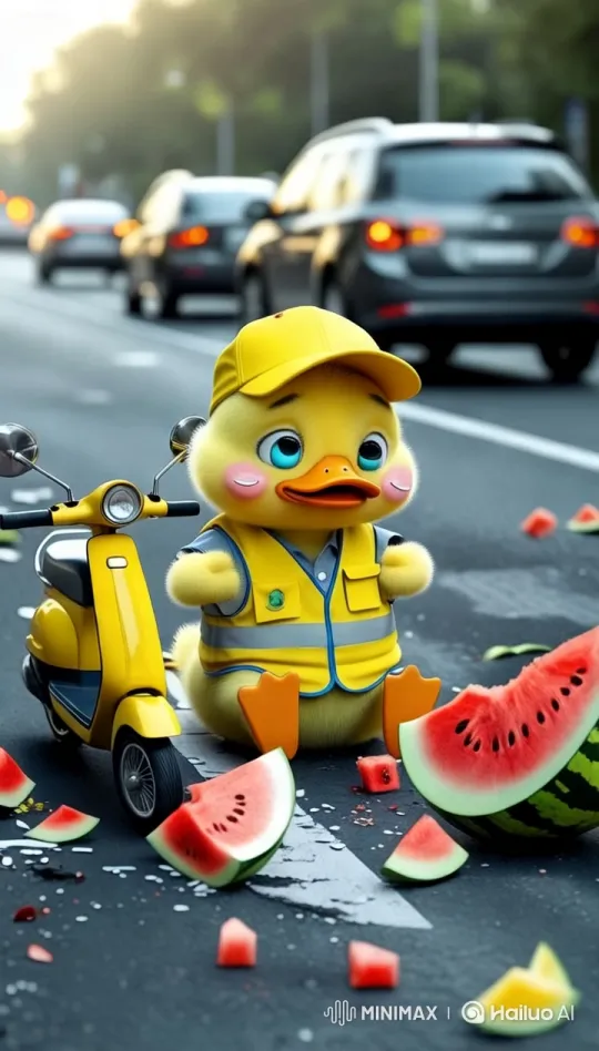 Distressed Duckling on Busy Road with Broken Scooter – AI Generated Video | Hailuo AI