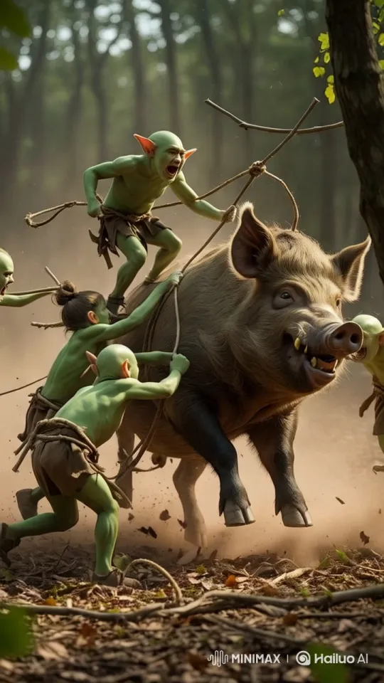 Goblins Battle Wild Boar in Chaotic Forest Clash – AI Generated Video | Hailuo AI