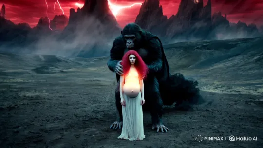 Monstrous Creature Embraces Pregnant Woman in Apocalyptic Landscape – AI Generated Video | Hailuo AI