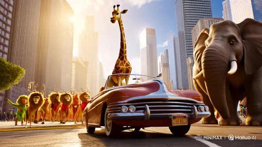 Giraffe Leads Animal Parade Through Metropolis – AI Generated Video | Hailuo AI