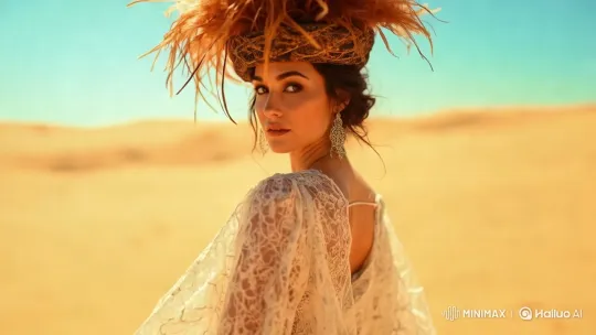 Desert Beauty in Lace and Feathers – AI Generated Video | Hailuo AI