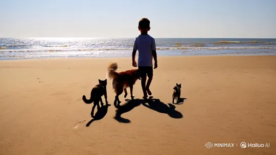 Child and Pets Enjoy Serene Beach Day – AI Generated Video | Hailuo AI