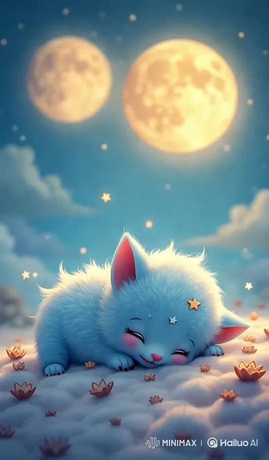 Cute Kitten Naps Under Double Moon with Grinning Rabbit – AI Generated Video | Hailuo AI