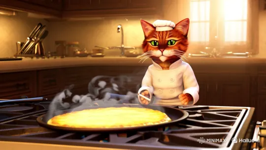 Chef Cat Cooks with Elegance Amidst Smoky Aesthetic – AI Generated Video | Hailuo AI
