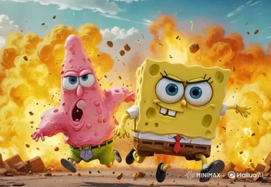 SpongeBob and Patrick Run Through Explosive Chaos – AI Generated Video | Hailuo AI