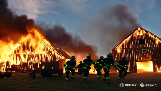 Heroic Firefighters Battle Inferno on Desolate Farmstead – AI Generated Video | Hailuo AI