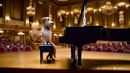3D Animated Dog Plays Piano in Grand Concert Hall – AI Generated Video | Hailuo AI