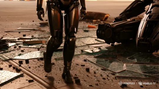 Mech-Pilot Navigates Destroyed Hangar Amid Fiery Chaos – AI Generated Video | Hailuo AI