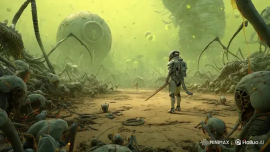 Biomechanical Warrior Fights Alien Swarms Under Green Sky – AI Generated Video | Hailuo AI