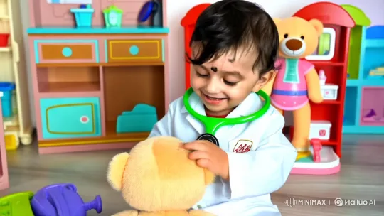 Baby "Doctor" Examines Teddy Bear in Toy Clinic – AI Generated Video | Hailuo AI