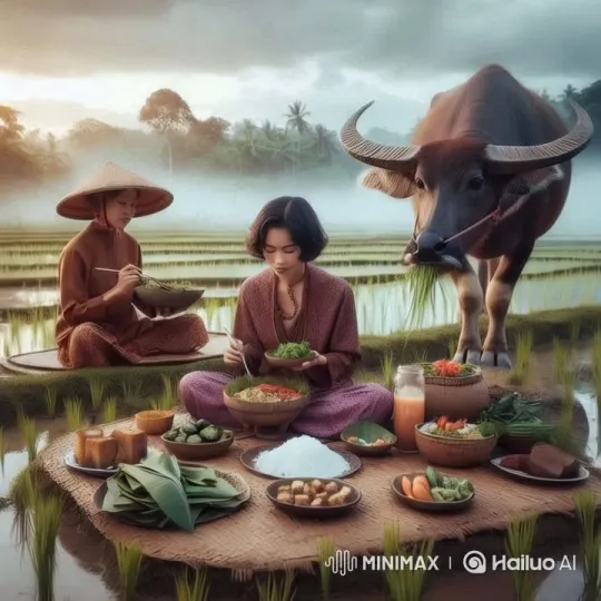 Peaceful Rural Meal with Traditional Eats and Grazing Buffalo – AI Generated Video | Hailuo AI