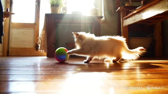 Fluffy Cat Plays with Ball in Sunlit Room – AI Generated Video | Hailuo AI