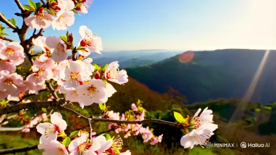 Vibrant Cherry Blossoms Amidst Lush Natural Landscape – AI Generated Video | Hailuo AI