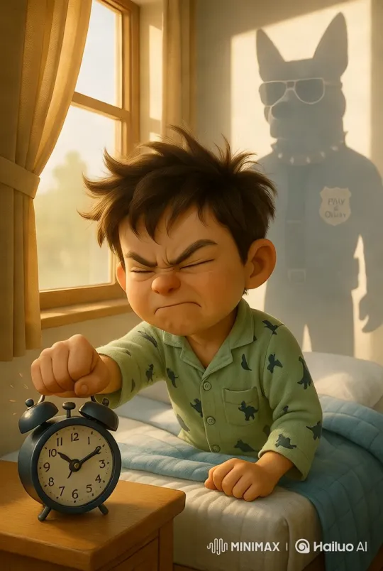 Boy in Pajamas Silences Alarm, Officer Bark Peeks In – AI Generated Video | Hailuo AI