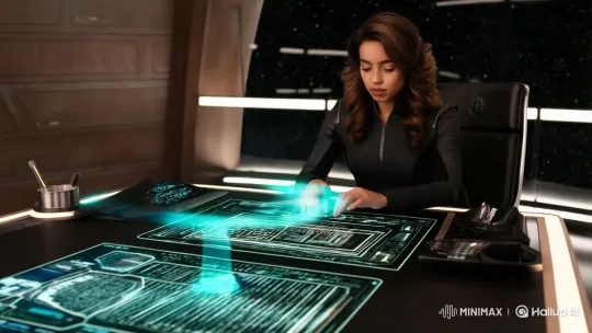 Woman Codes with Holograms, AI Assistant in Futuristic Office – AI Generated Video | Hailuo AI