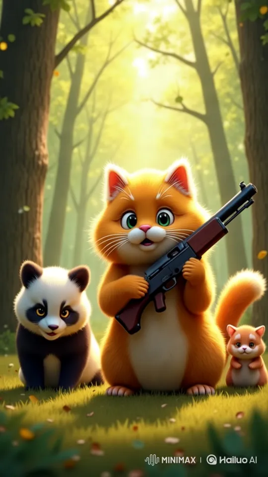 Magical Forest: Cat with Toy Rifle and Curious Kitten – AI Generated Video | Hailuo AI