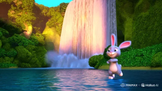 Bunny Dances Gracefully by a Sunlit Waterfall – AI Generated Video | Hailuo AI