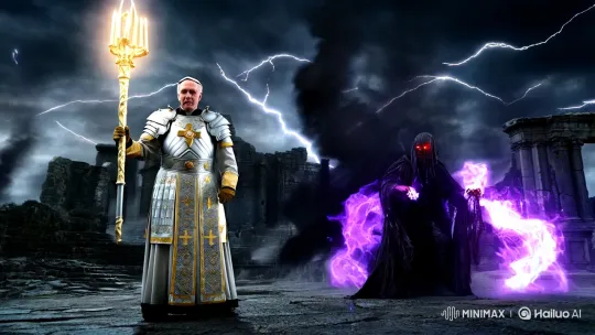 Warrior Pope Battles Dark Sorcerer in Ancient Ruins – AI Generated Video | Hailuo AI
