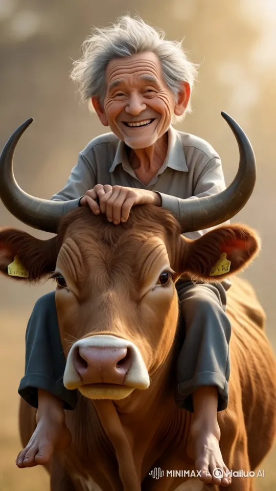 Old Man and Cow in Serene Rural Setting – AI Generated Video | Hailuo AI